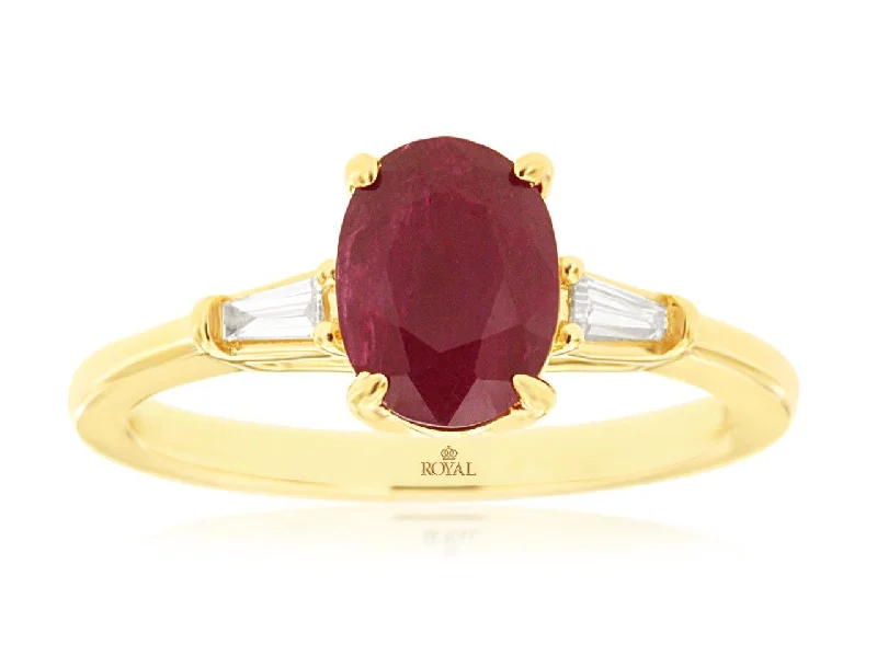 men’s wedding bands with engraved names-14K Yellow Ruby and Diamond Three Stone Ring