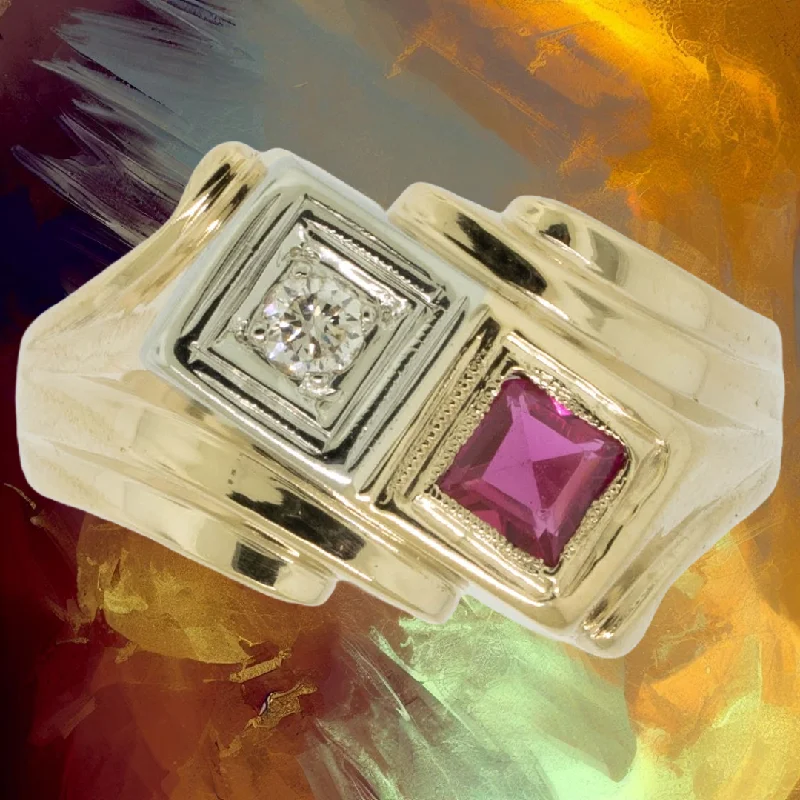 custom sapphire rings for men-14K Yellow/White Gold Diamond and Synth. Ruby Ring Size 9 Preowned Jewelry