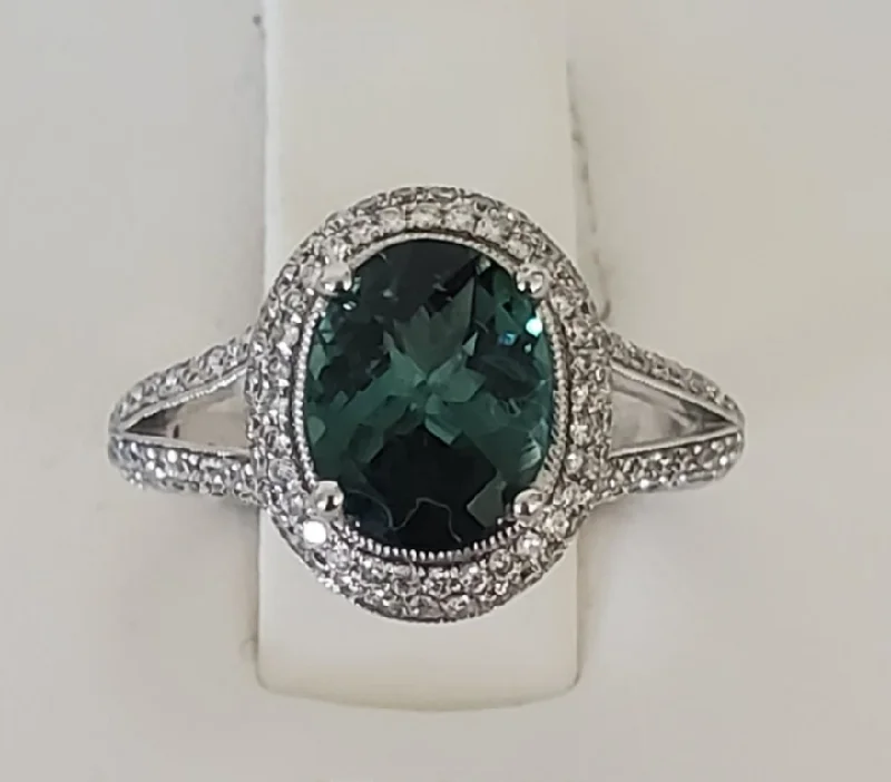 women’s rings with rubies and diamonds-14kt White Gold Green Tourmaline and Diamond Halo Ring