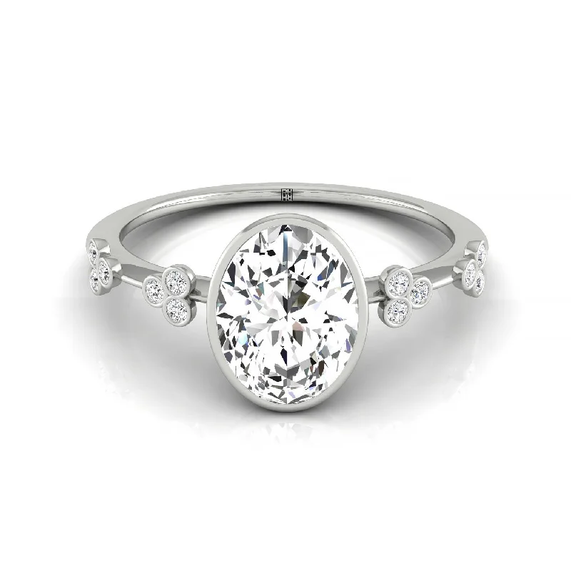 men’s white gold engagement rings-14kw Bezel Set Oval Engagement Ring With 12 Clover Bezel Set Round Diamonds On Shank