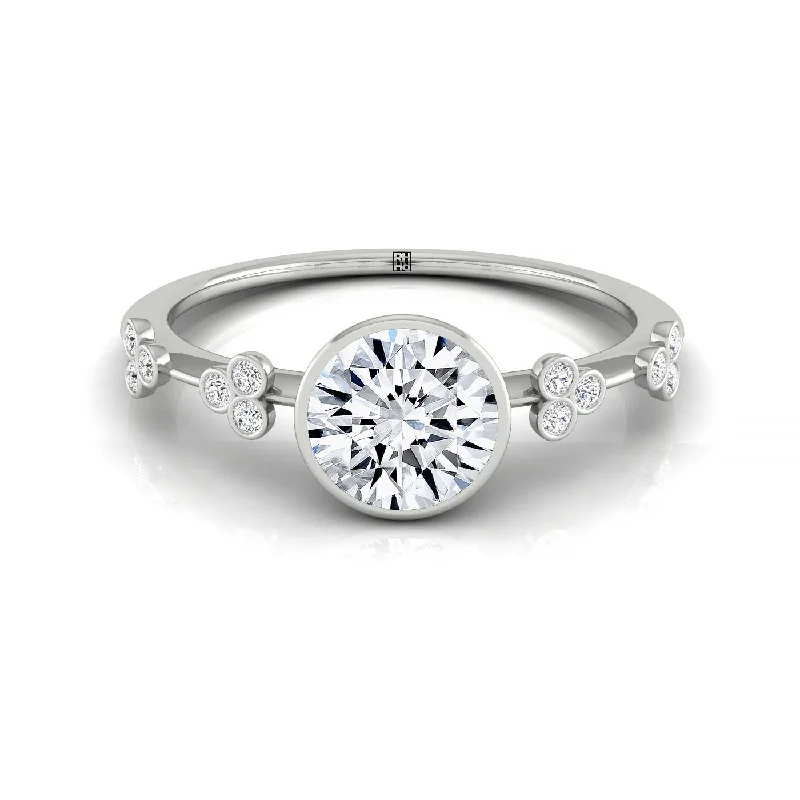 luxury men’s wedding bands-14kw Bezel Set Round Engagement Ring With 12 Clover Bezel Set Round Diamonds On Shank