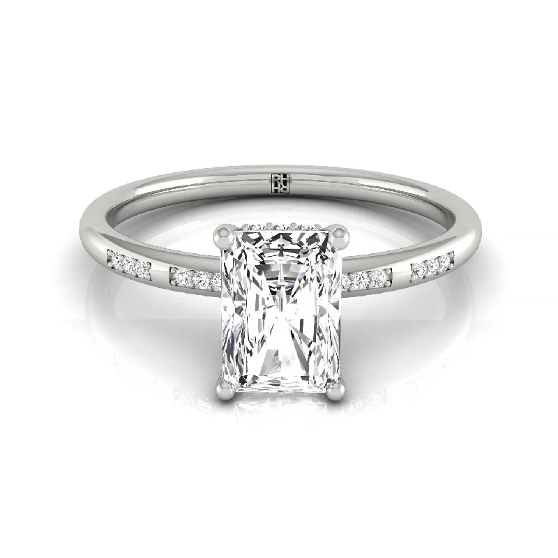 vintage platinum wedding rings-14kw Radiant Engagement Ring With High Hidden Halo With 36 Prong Set Round Diamonds