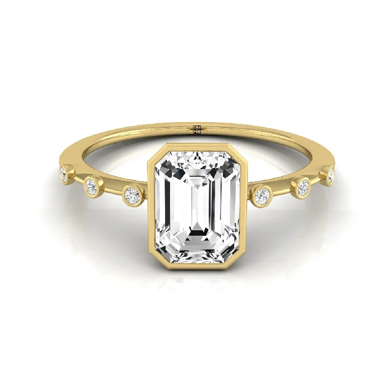 gold engagement rings for women-14ky Bezel Set Emerald Engagement Ring With 6 Bezel Set Round Diamonds On Shank