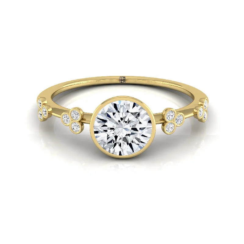 simple gold rings for men-14ky Bezel Set Round Engagement Ring With 12 Clover Bezel Set Round Diamonds On Shank