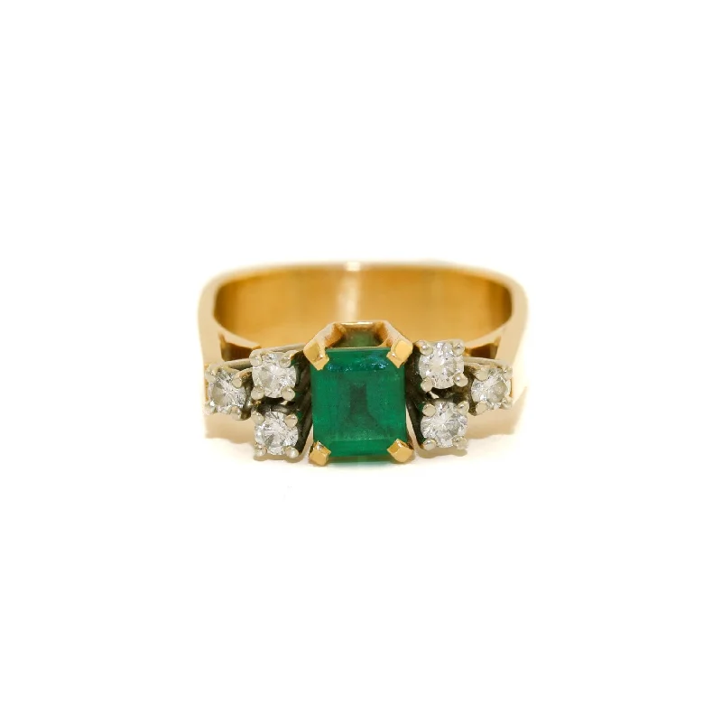 affordable gold wedding rings-Vintage 18K Two Tone Gold Emerald + Diamond Ring