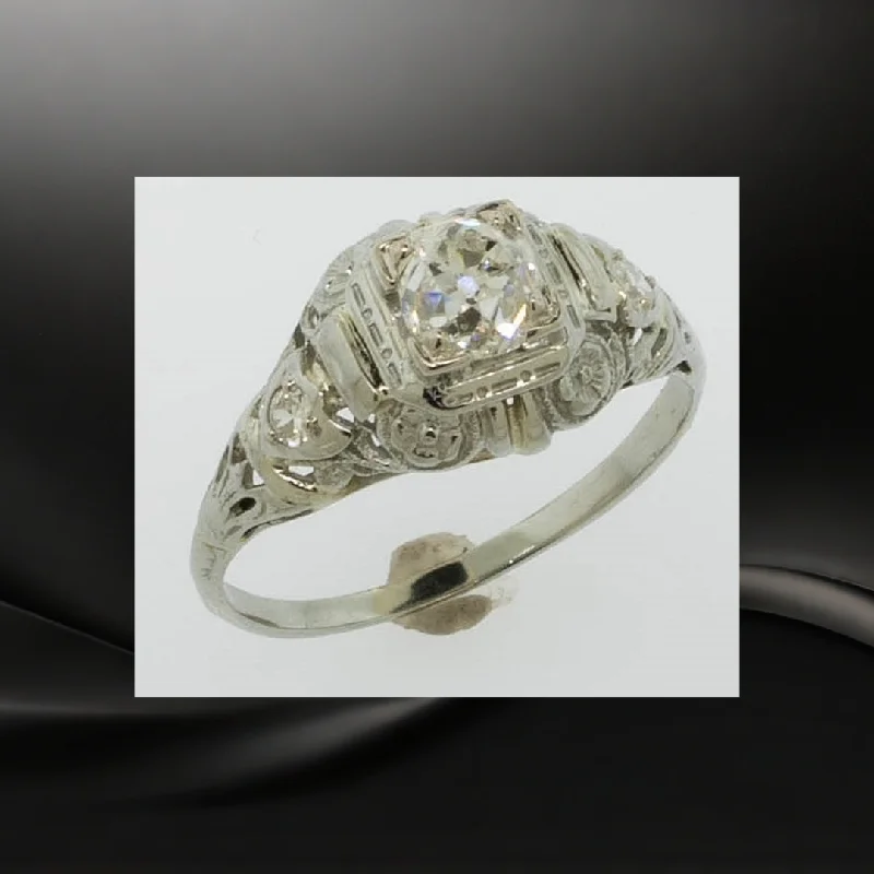 luxury men’s wedding bands-18K White Gold Old Mine Cut Diamond (~.64 center) Filigree Ring Size 7 Preowned