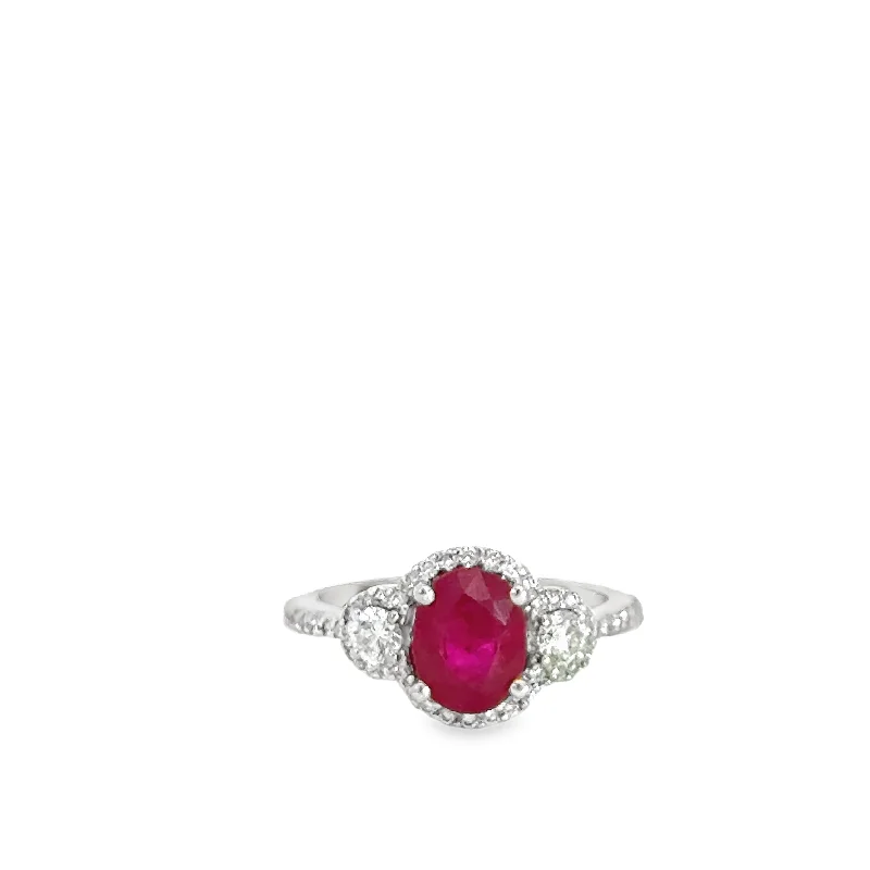 women’s wedding rings with emerald stones-18k White Gold 1.48ct Ruby & Diamond Three-Stone Halo Ring