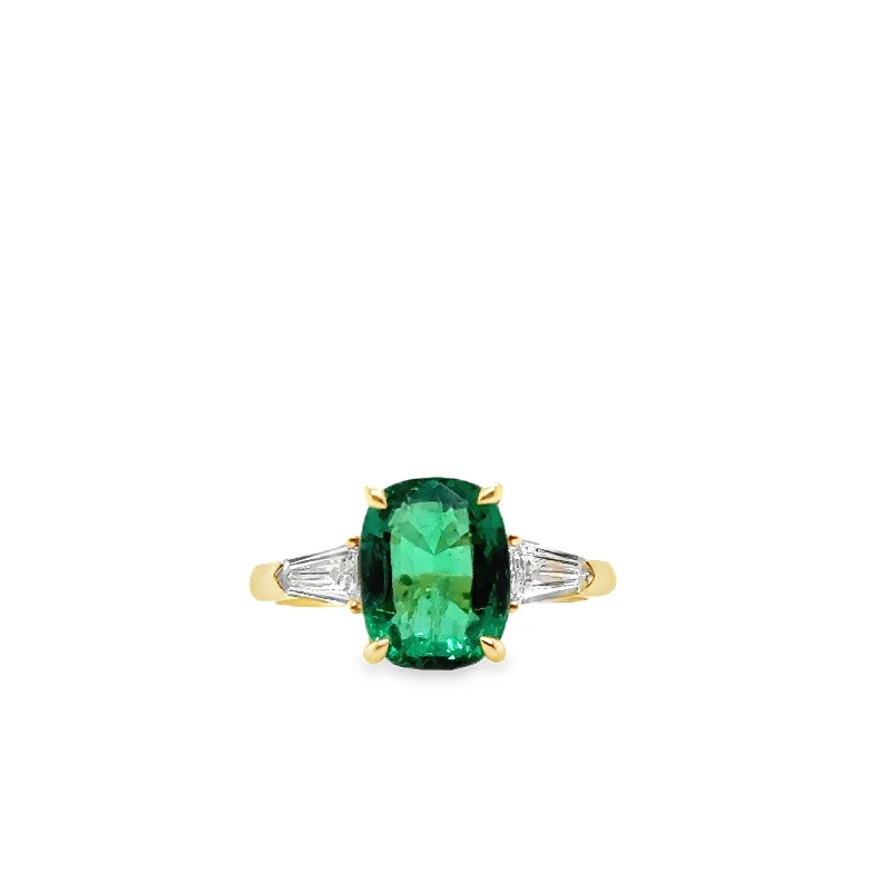 custom gold wedding rings for men-18K Yellow Gold Emerald and Diamond Three Stone Ring