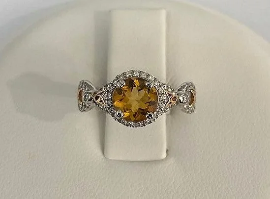 women’s rings with diamonds and emeralds-18kt White and Rose Gold Citrine and Diamond Halo Ring