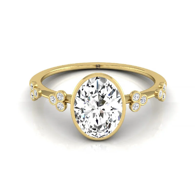 custom gold rings for men-18ky Bezel Set Oval Engagement Ring With 12 Clover Bezel Set Round Diamonds On Shank