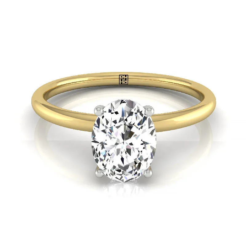 women’s yellow gold engagement rings-18ky Oval Solitaire Engagement Ring With Upper Hidden Halo With 16 Prong Set Round Diamonds