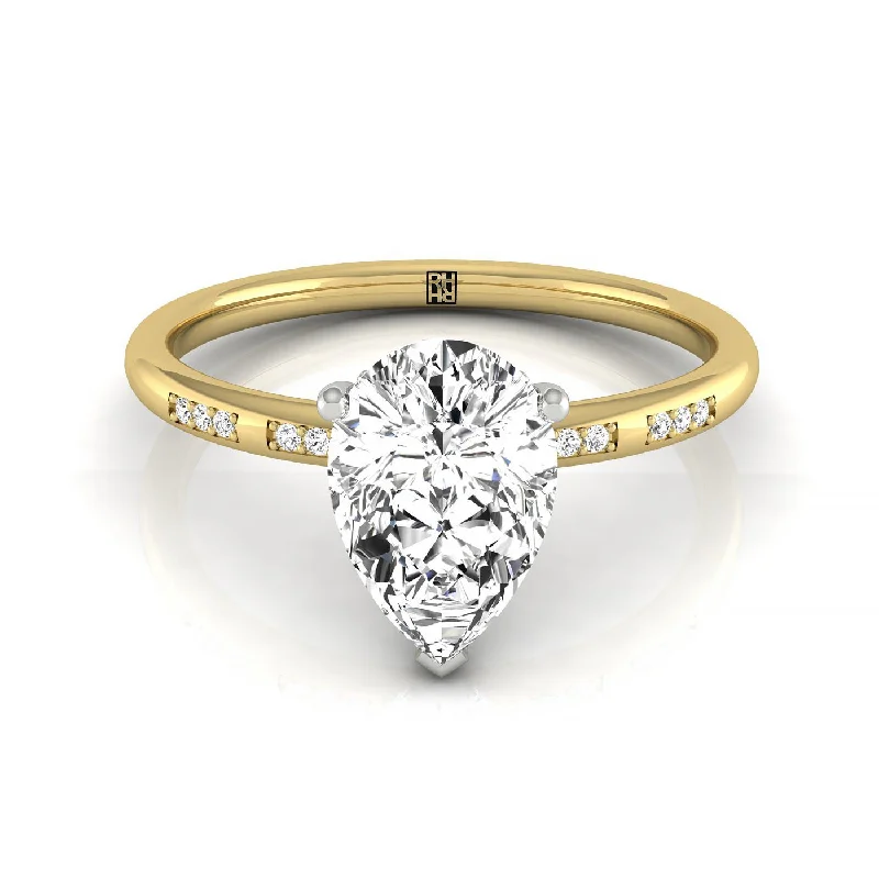 gold promise rings with diamonds-18ky Pear Engagement Ring With High Hidden Halo With 29 Prong Set Round Diamonds