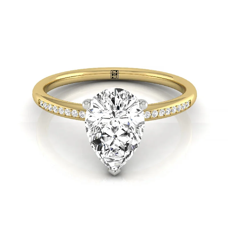 men’s vintage wedding rings-18ky Pear Engagement Ring With High Hidden Halo With 35 Prong Set Round Diamonds