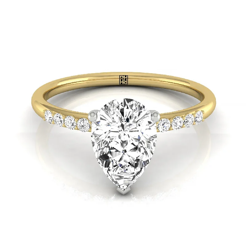 custom promise rings for men-18ky Pear Hidden Halo Quarter Shank Engagement Ring With 18 Prong Set Round Diamonds