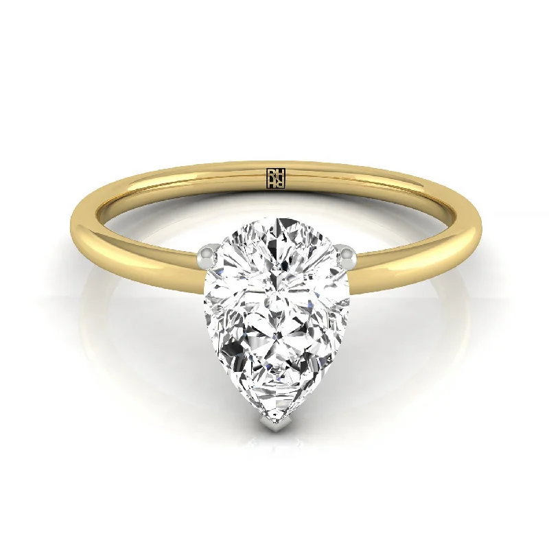 women’s signet rings with engraving-18ky Pear Solitaire Engagement Ring With Upper Hidden Halo With 16 Prong Set Round Diamonds