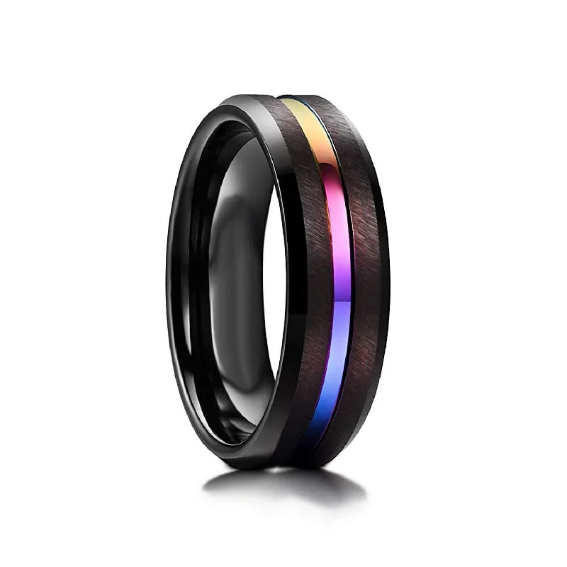 men’s wedding bands with engraved names-7mm Black Tungsten Carbide Wedding Ring with Rainbow Groove