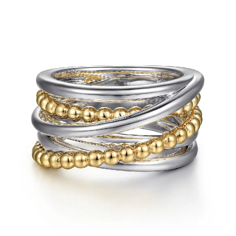 stackable wedding rings for women-925 Sterling Silver and 14K Yellow Gold Criss-Cross Ring