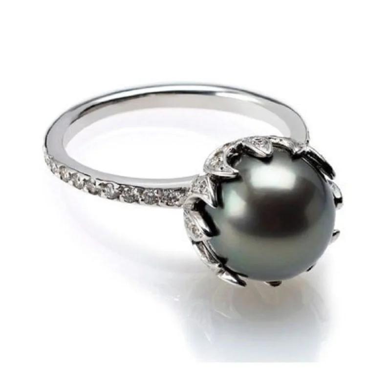 luxury wedding rings with diamonds-Black Tahitian Pearl Diamond Ring