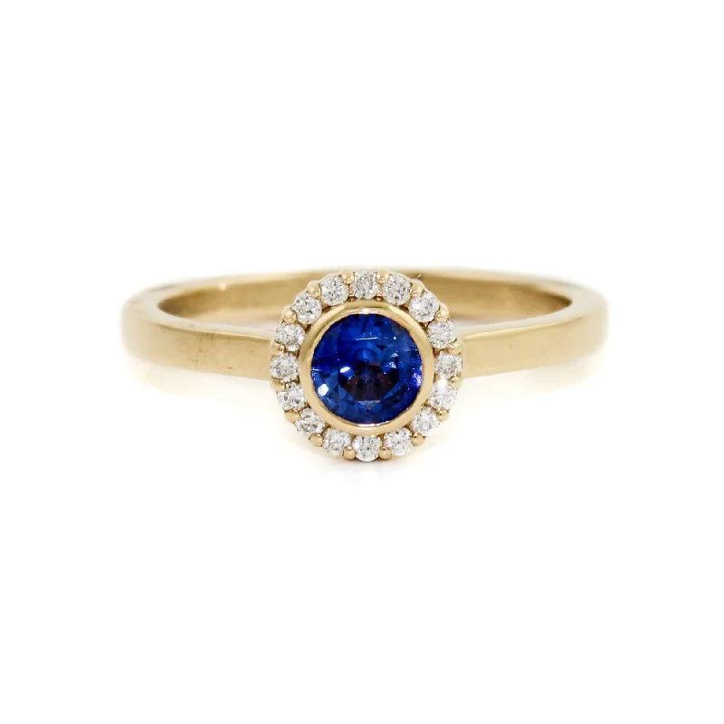 vintage wedding rings with rubies-14K Evil Eye Blue Sapphire Halo Ring