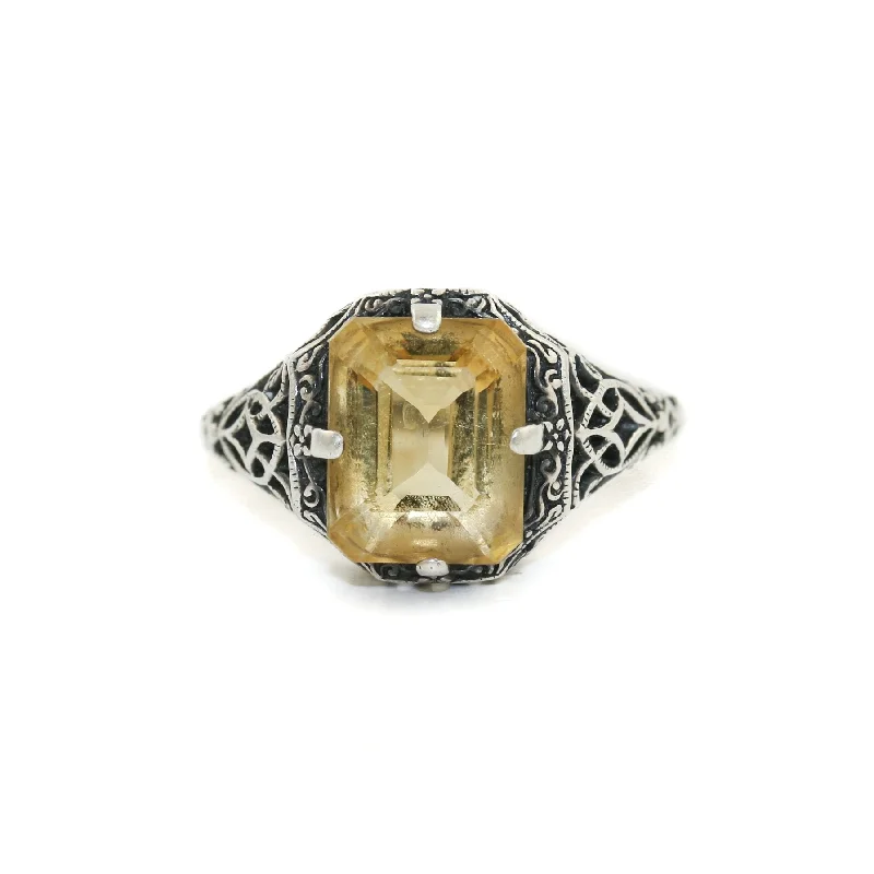 custom made engagement rings with birthstones-Classic 1970's Silver x Citrine Filigree Ring