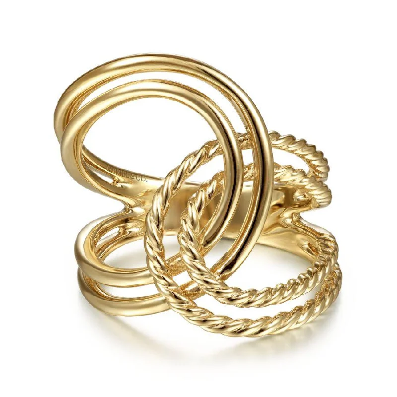 custom rings with initials for women-14K Yellow Gold Intertwined Twisted and Polished Rope Ring