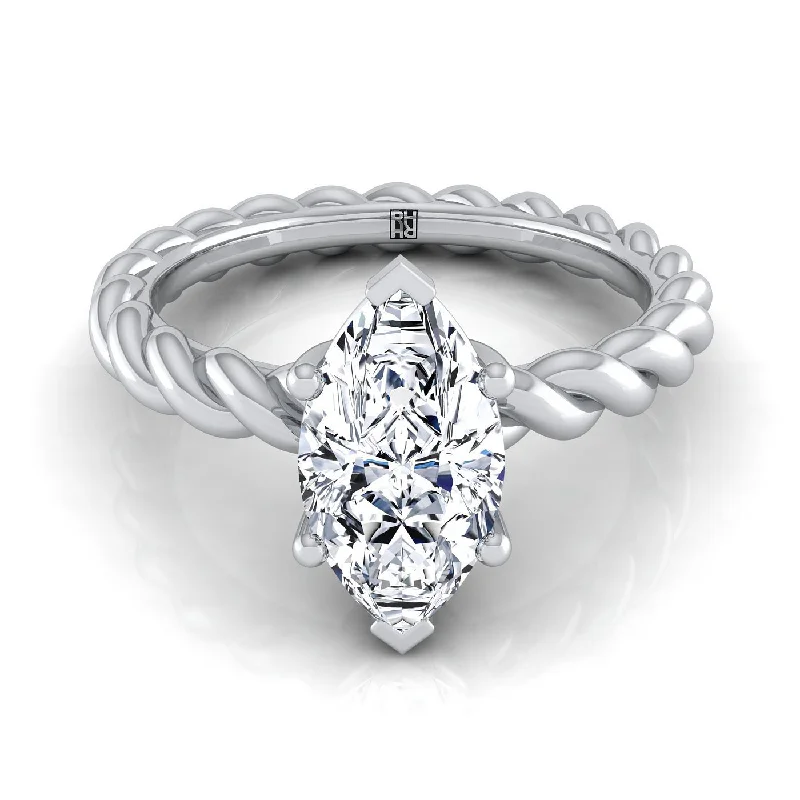 luxury wedding rings with diamonds-14K White Gold Marquise   Twisted Rope Braid Solitaire Band