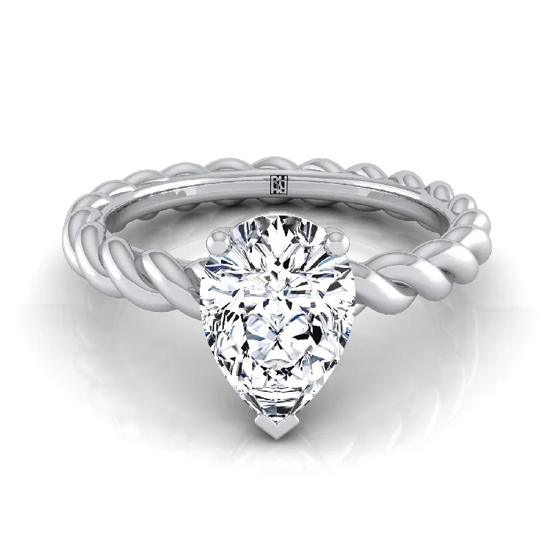 women’s silver rings with diamonds-14K White Gold Pear Shape Center  Twisted Rope Braid Solitaire Band