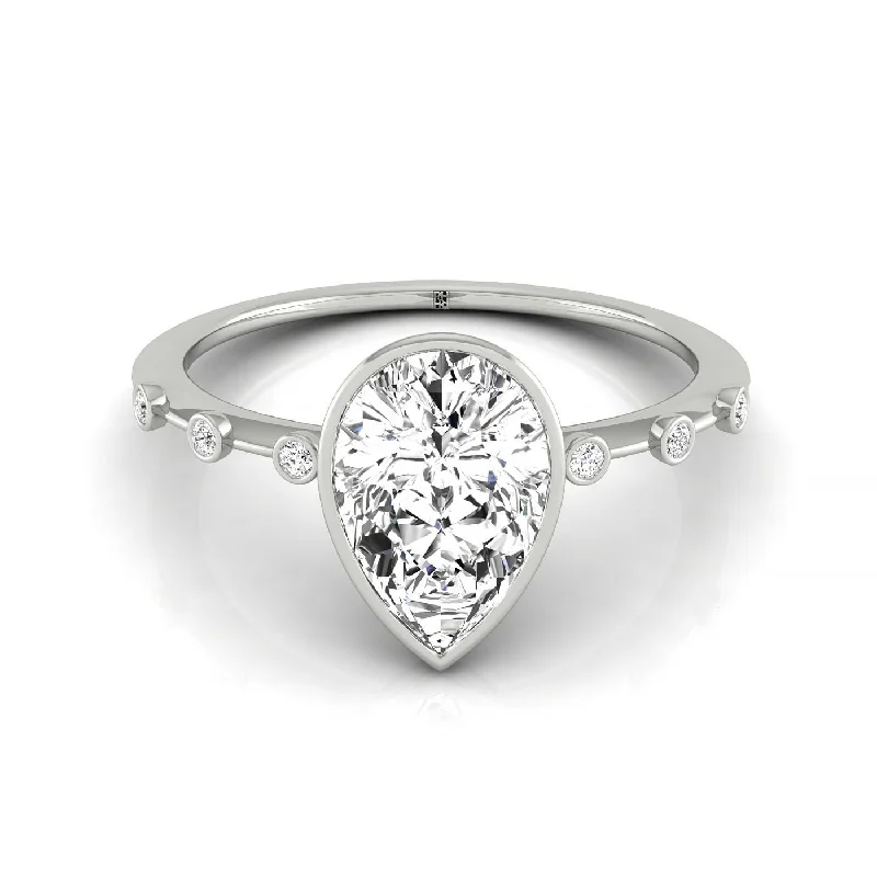 diamond anniversary bands-Plat Bezel Set Pear Engagement Ring With 6 Bezel Set Round Diamonds On Shank