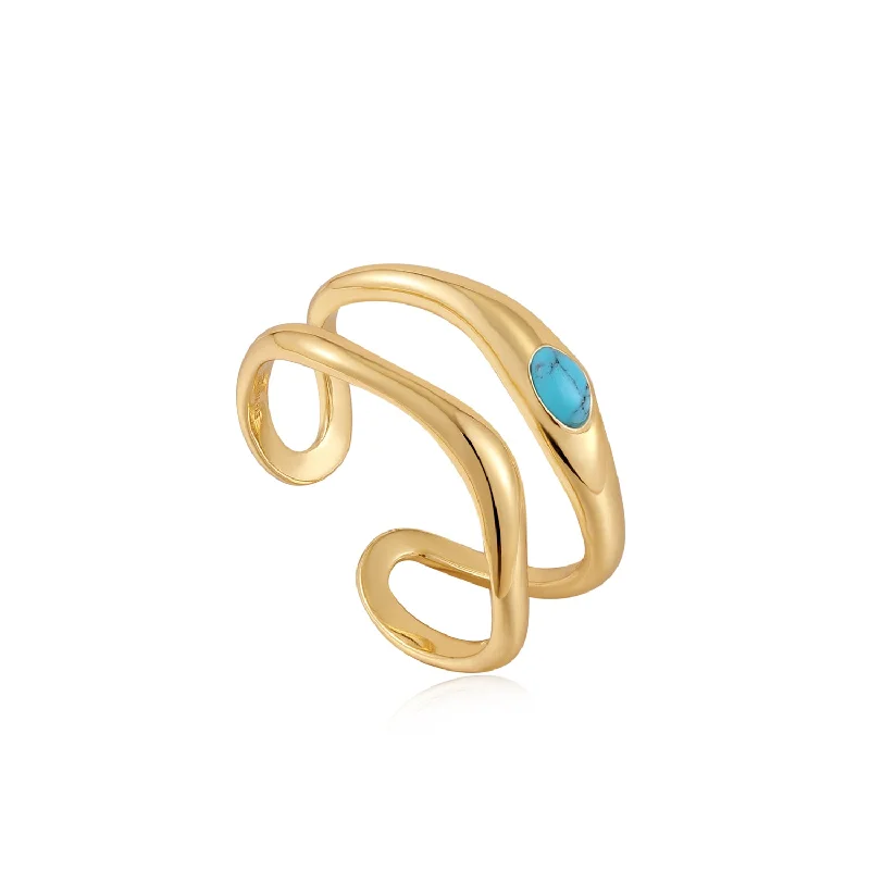 wedding rings with white gold and diamonds-Turquoise Wave Double Band Adjustable Ring