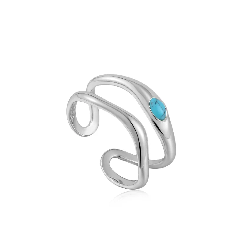 custom platinum rings for couples-Turquoise Wave Double Band Adjustable Ring