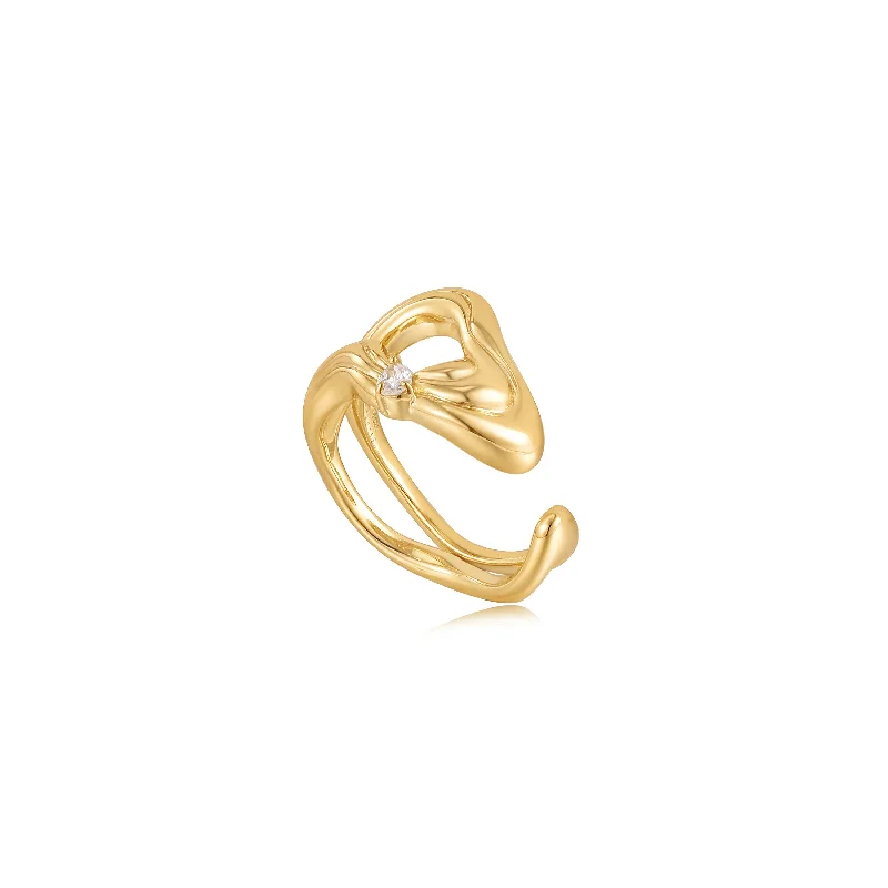 wedding bands with engraved initials-Gold Twisted Wave Wide Adjustable Ring