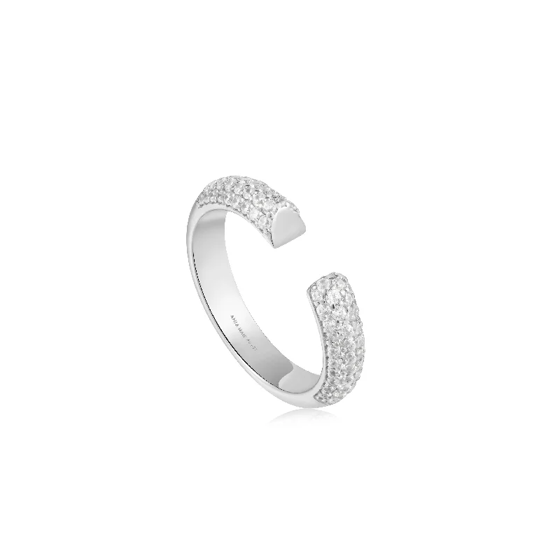 vintage wedding rings with diamonds-Silver Pavé Adjustable Ring