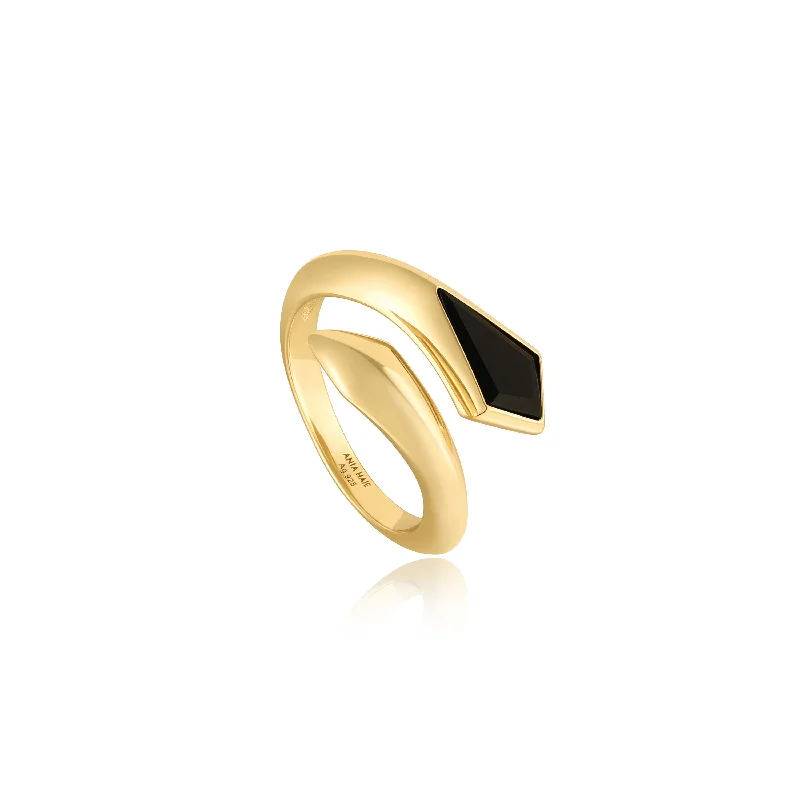 women’s platinum rings with diamonds-Gold Black Agate Wrap Adjustable Ring