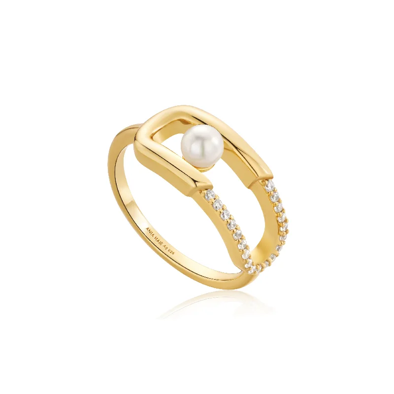 couples promise rings with engraving-Gold Pearl Sparkle Interlock Ring