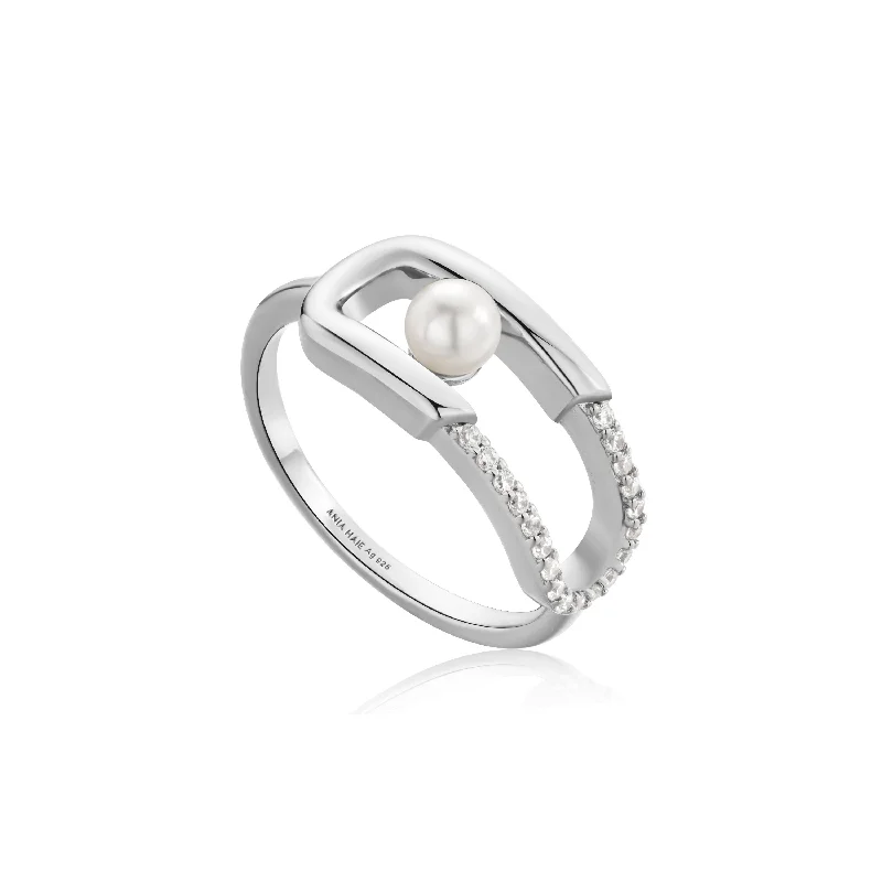 gold rings for women with diamonds-Silver Pearl Sparkle Interlock Ring