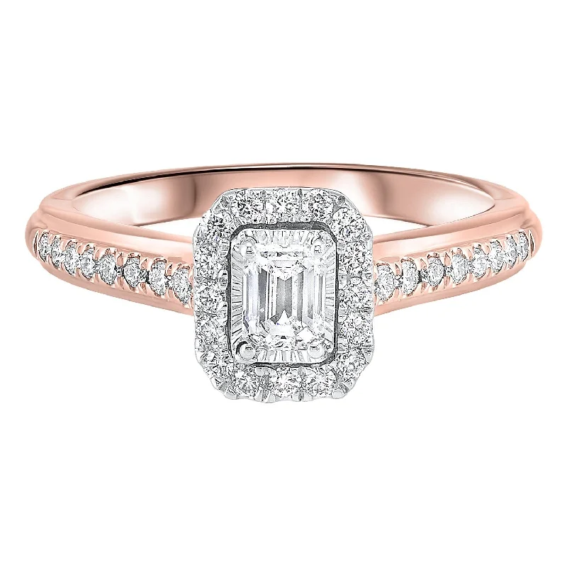 men’s wedding rings with engraved initials-14KT Rose Gold Diamond Emerald Halo Bridal Ring 5/8 CT