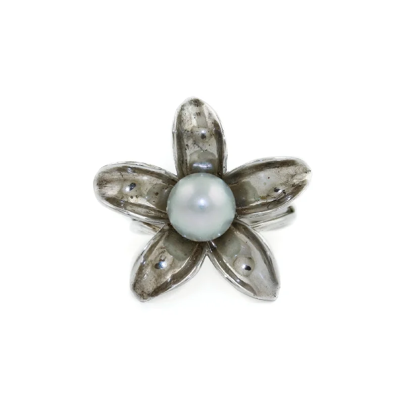 silver rings for women with sapphires-Silver x 8mm White Pearl Jasmine Flower Ring