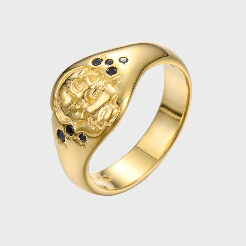 promise rings for couples-Skull of a Skeleton with Burning Cigarette - Gold Ring BE