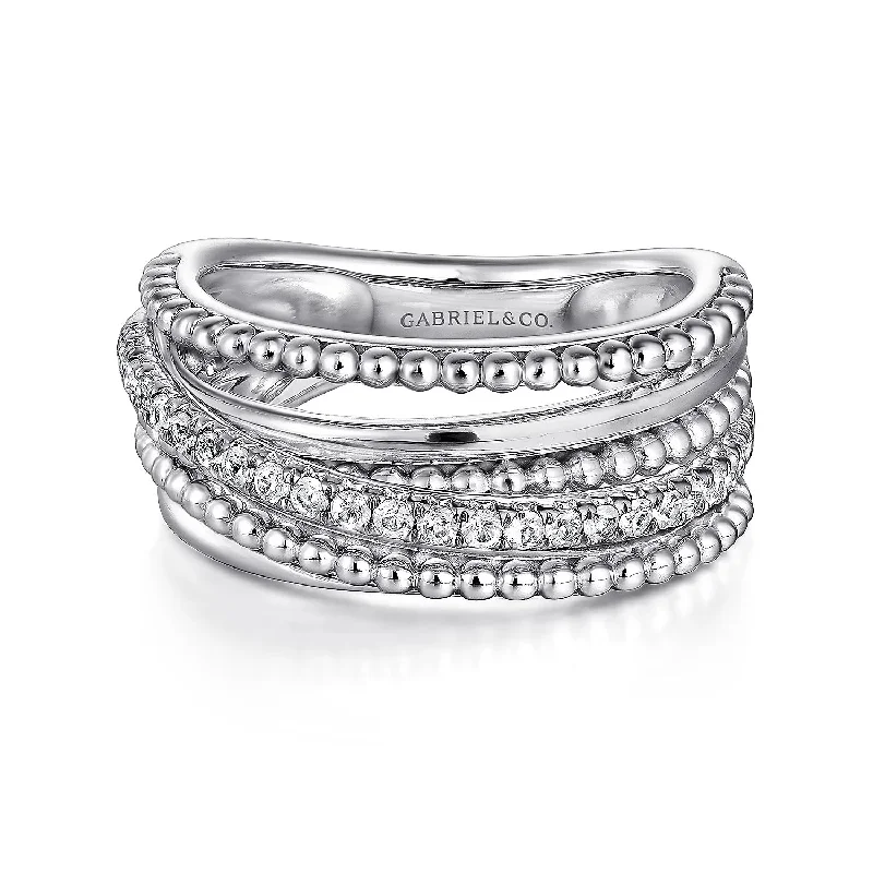 vintage wedding bands with diamonds-Sterling Silver Layered Bujukan Beaded White Sapphire Ring