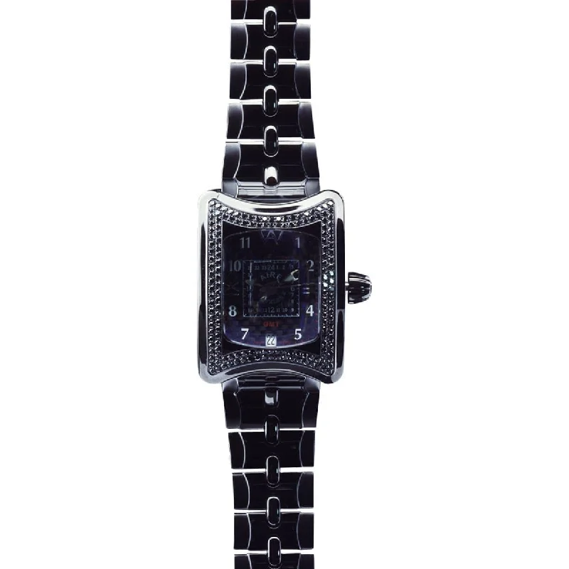 stylish watches for men with silver finish -Watch - Aire Traveler II GMT Swiss Made Automatic Black Watch With Black Diamonds For Men and Women