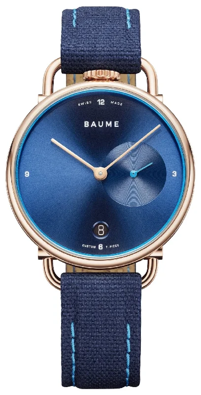 luxury watches for men with gold accents -Baume & Mercier Baume Rose Gold PVD Blue Dial Blue Cotton Strap Date Quartz Mens Watch M0A10603