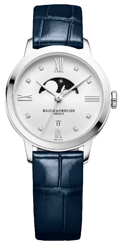 men's leather strap wristwatches -Baume & Mercier Classima Stainless Steel Silver Dial Diamonds Blue Leather Strap Moonphase Date Quartz Womens Watch M0A10329