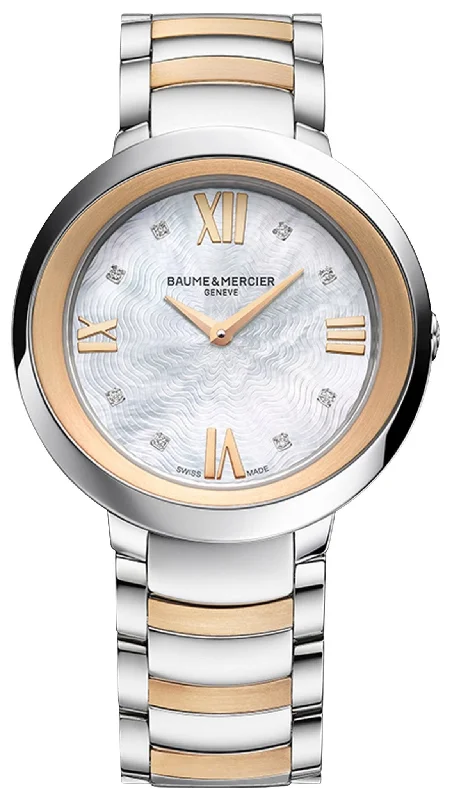 men's watches with yellow dials -Baume & Mercier Promesse Stainless Steel & 18K Rose Gold Mother-Of-Pearl Dial Diamonds Quartz Womens Watch M0A10252