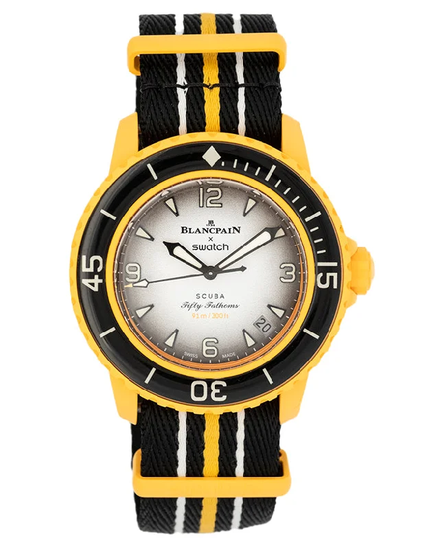 solar-powered watches for outdoor use -Blancpain X Swatch Pacific Ocean Fifty Fathoms Mens Watch