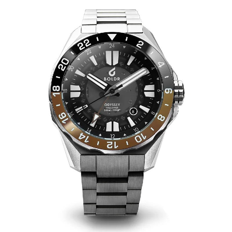 men's luxury watches with sapphire glass -Boldr Odyssey Freediver GMT - Black / Brown