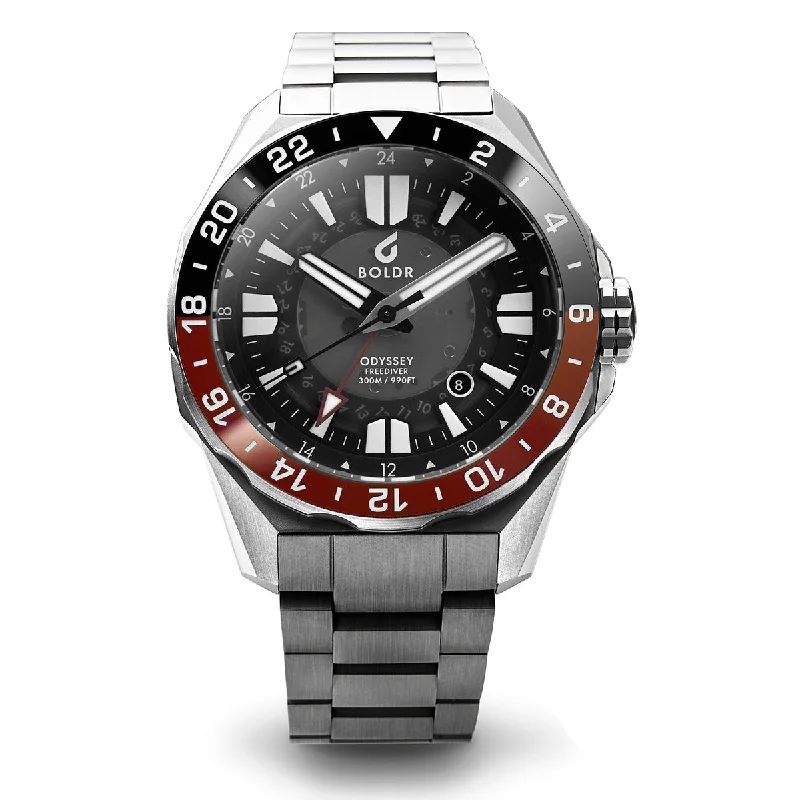 stylish watches with colorful silicone bands -Boldr Odyssey Freediver GMT - Black / Red