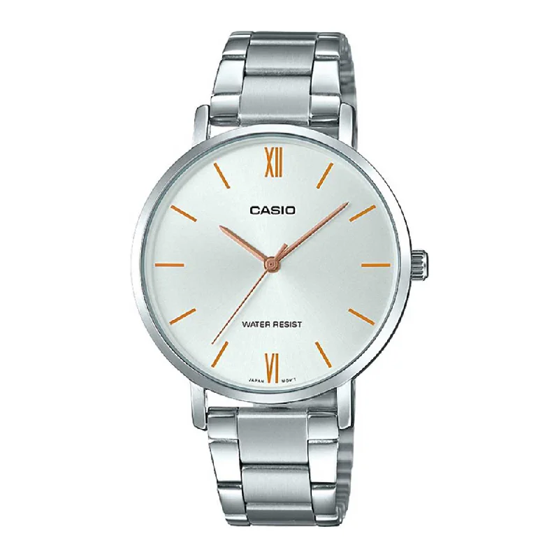 minimalist watches for women with thin bands -Casio Womens Enticer White Dial Metallic Analogue Watch - LTP-VT01D-7BUDF (A1625)