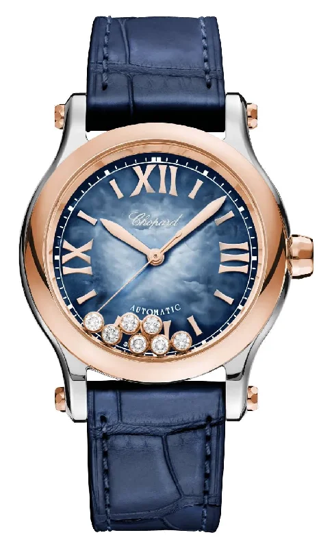 mechanical watches for men with leather straps -Chopard Happy Sport Automatic 18K Rose Gold & Stainless Steel Blue Mother-Of-Pearl Dial Blue Leather Floating Diamonds Womens Watch 278578-6003