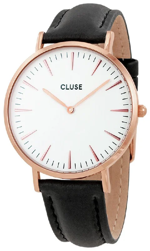 affordable luxury wristwatches for women -Cluse La Boheme Black Leather Rose Gold Plated Steel White Dial Womens Watch CL18008