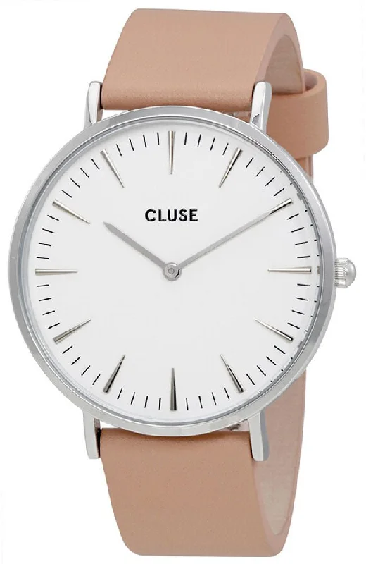 men's watches with blue and silver accents -Cluse La Boheme Nude Leather Stainless Steel White Dial Womens Watch CL18231